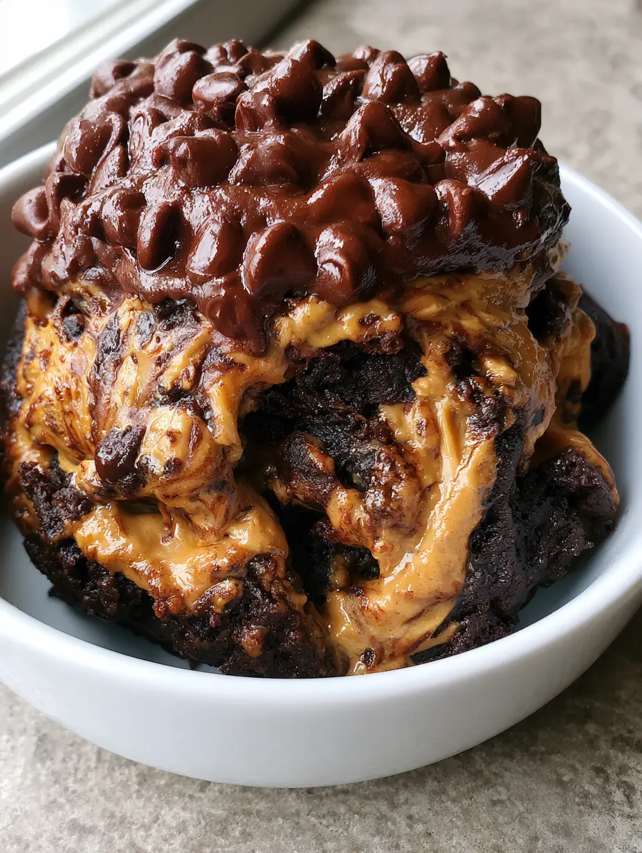 Close-up scoop of warm Chocolate Peanut Butter Dump Cake with molten chocolate pockets and peanut butter swirls.