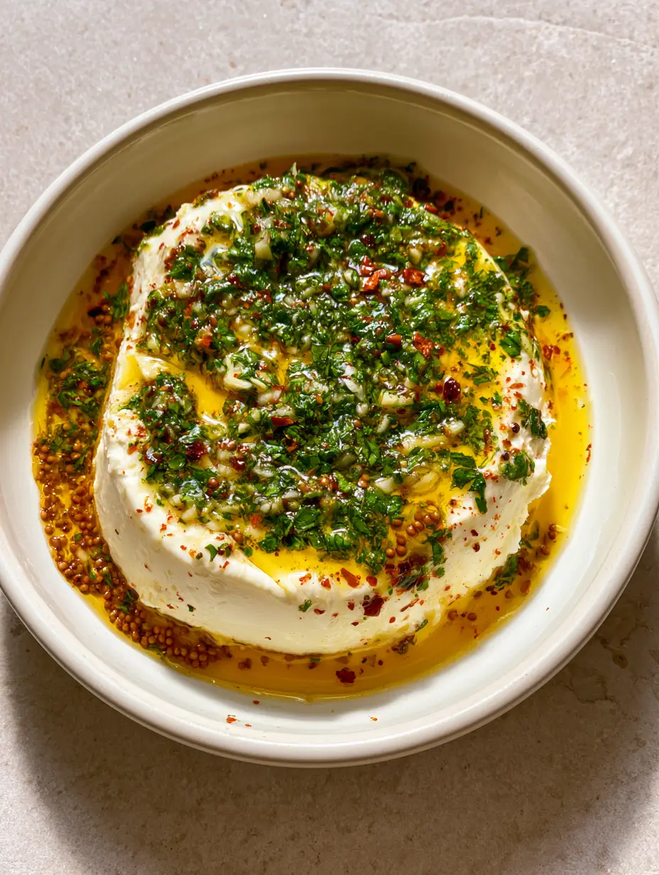 Cowboy Cream Cheese: The Boldest Savory Herb Butter Appetizer 3 Overhead view of Cowboy Cream Cheese showing the vibrant golden-yellow melted butter sauce and heavy dusting of green parsley on a smooth white cheese base.