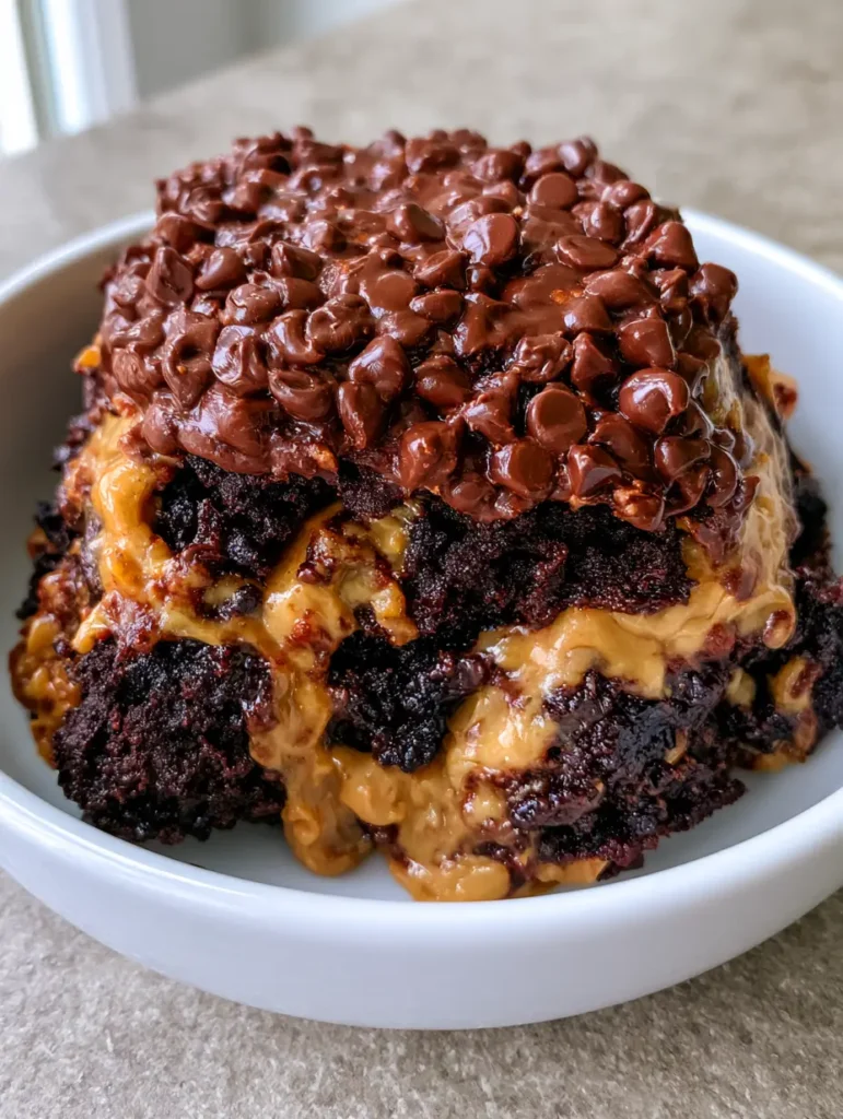 A shallow white bowl filled with chocolate cake crumbs and melted chocolate chips.