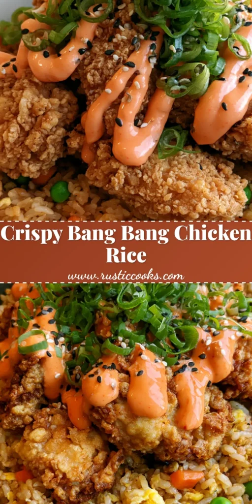 A shallow dark ceramic bowl featuring golden-brown fried rice with peas and carrots, topped with craggy crispy chicken and a zigzag of orange bang bang sauce. (Bang Bang Chicken Fried Rice)